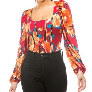 Women's Red Floral Square-Neck Long-Sleeve Top